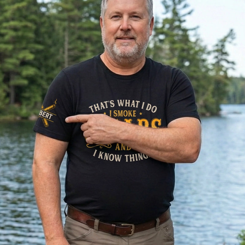 Custom Cigar Unisex T-Shirt With Design On Sleeve - Personalized Birthday Gifts For Husband, Son, Grandson, Brother, Grandpa, Dad, Yourself - Smoke And Unwind