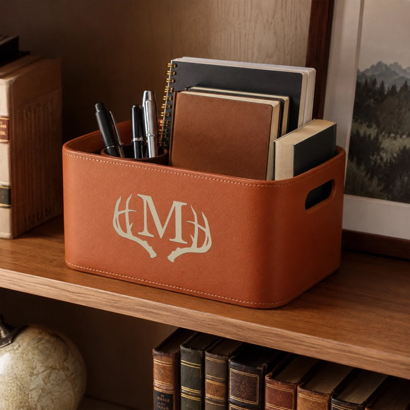 Custom Leather Storage Basket - Personalized Birthday Gifts For Husband, Son, Grandson, Brother, Grandpa, Dad, Yourself - Made For Adventure