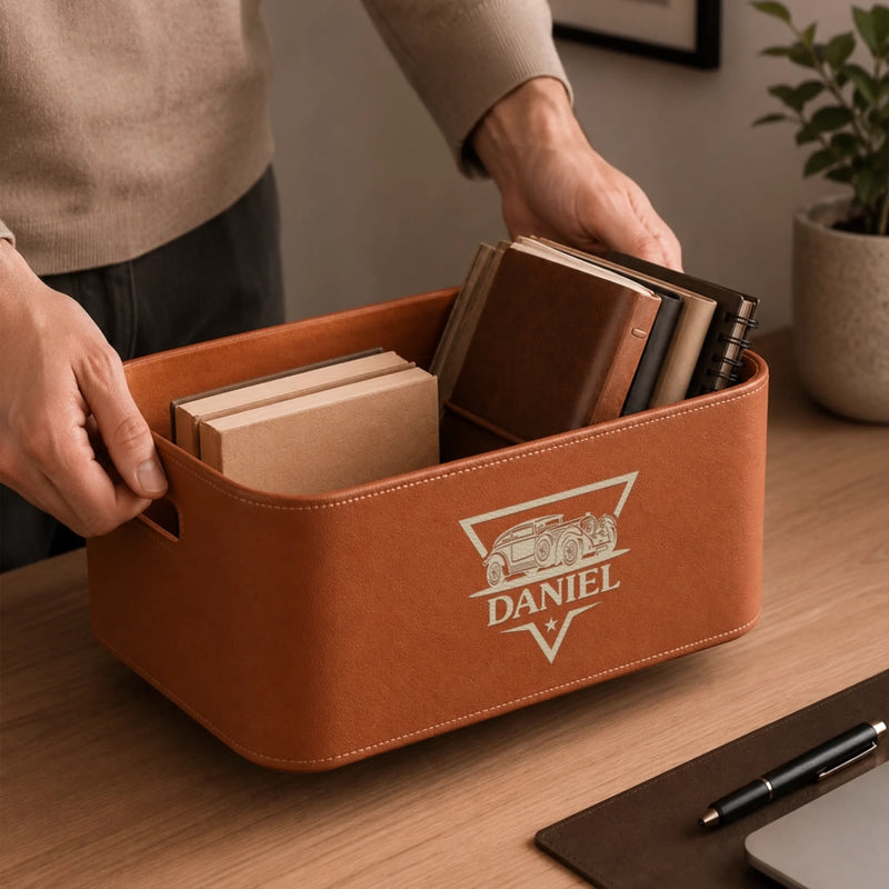 Custom Leather Storage Basket - Personalized Birthday Gifts For Husband, Son, Grandson, Brother, Grandpa, Dad, Yourself - Made For Adventure