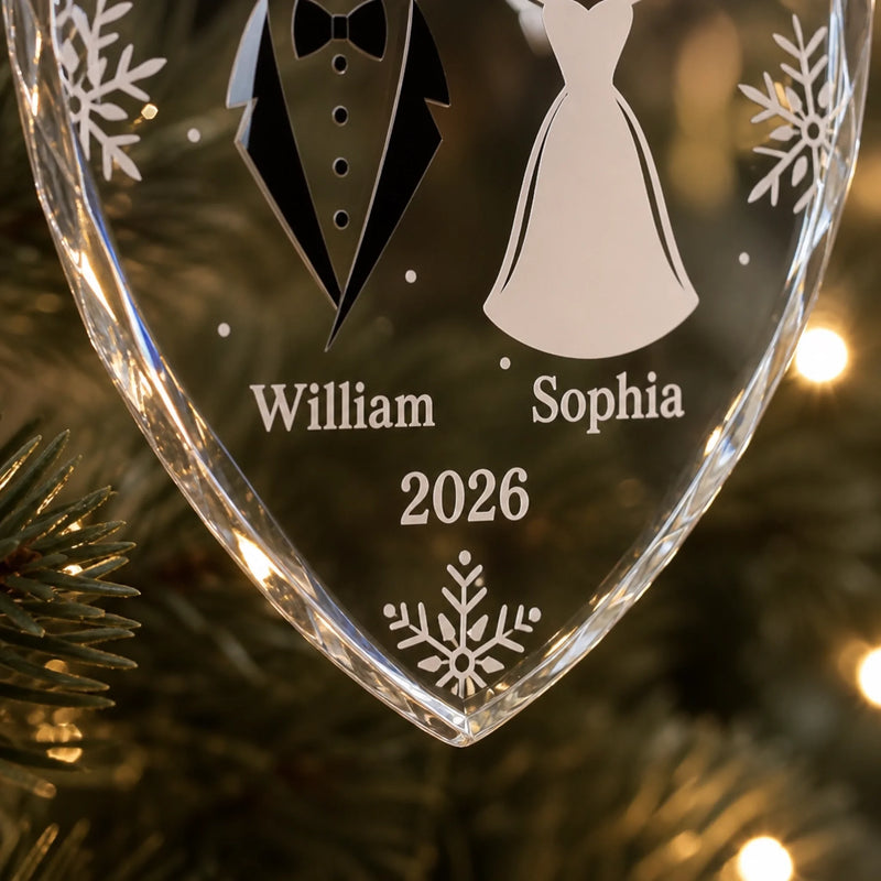 Custom Heart Glass Ornament - Personalized Anniversary Christmas Wedding Gifts For Husband And Wife, Him And Her - Started With A Yes, Now It’s Us