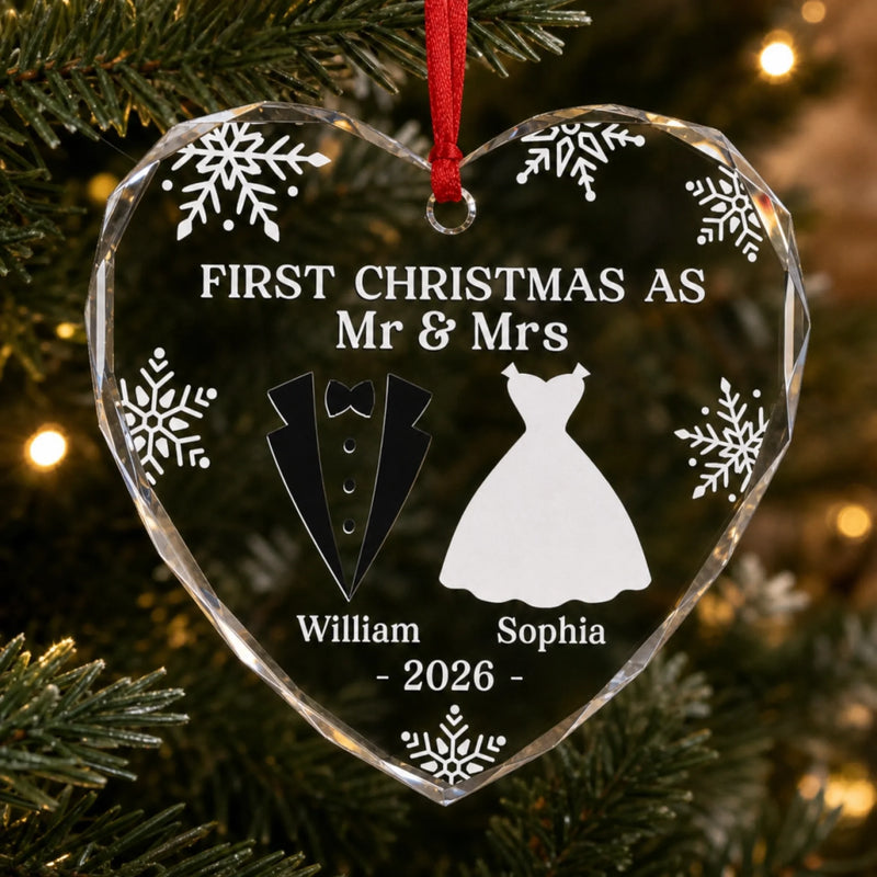 Custom Heart, Round Glass Ornament - Personalized Anniversary Christmas Wedding Gifts For Husband And Wife, Him And Her - Our First Christmas As Mr & Mrs
