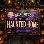 Custom Haunted Home Decor Metal Sign - Personalized Halloween Birthday Gifts For Mom, Dad, Brother, Sister - Monsters Welcome, Humans Beware