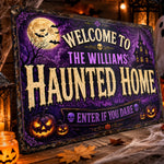 Custom Haunted Home Decor Metal Sign - Personalized Halloween Birthday Gifts For Mom, Dad, Brother, Sister - Monsters Welcome, Humans Beware