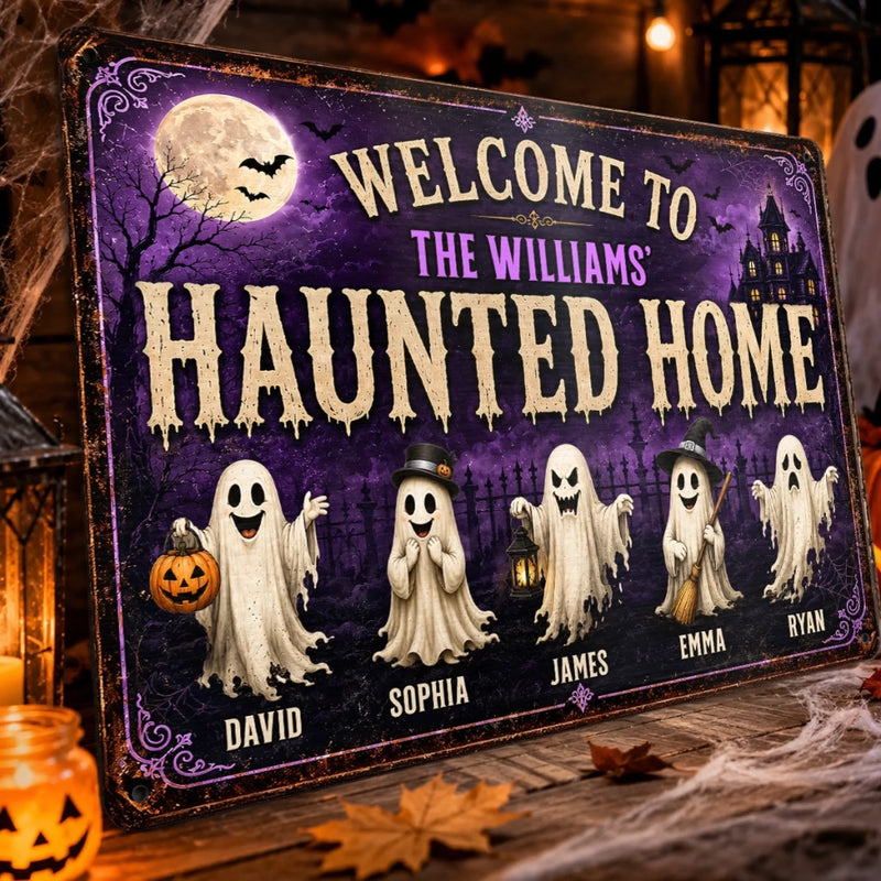 Custom Ghost Home Decor Metal Sign - Personalized Halloween Birthday Gifts For Mom, Dad, Brother, Sister - Ghosts Live Here Full Time