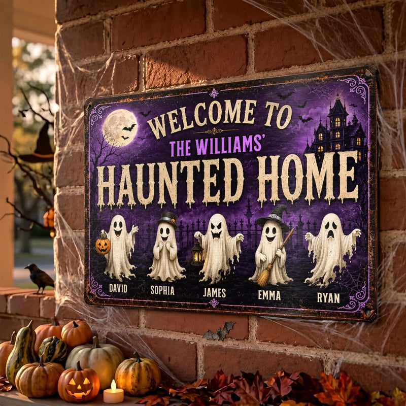 Custom Ghost Home Decor Metal Sign - Personalized Halloween Birthday Gifts For Mom, Dad, Brother, Sister - Ghosts Live Here Full Time