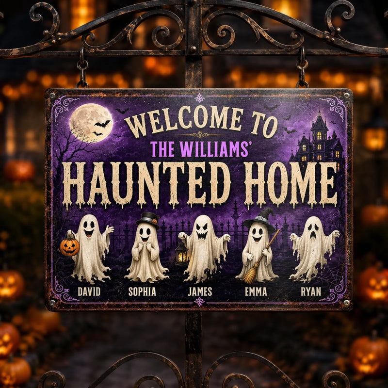 Custom Ghost Home Decor Metal Sign - Personalized Halloween Birthday Gifts For Mom, Dad, Brother, Sister - Ghosts Live Here Full Time