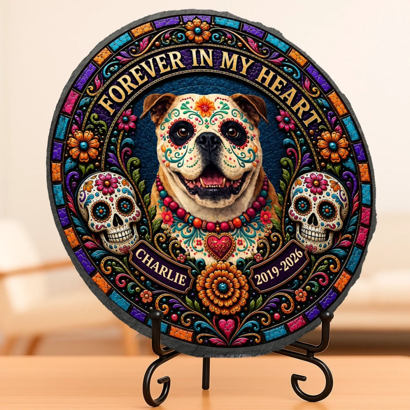 Custom Photo Day Of The Dead Round Shaped Stone With Stand - Personalized Pet Memorial Sympathy Gifts For Dogs, Cats - Forever My Angel Pup