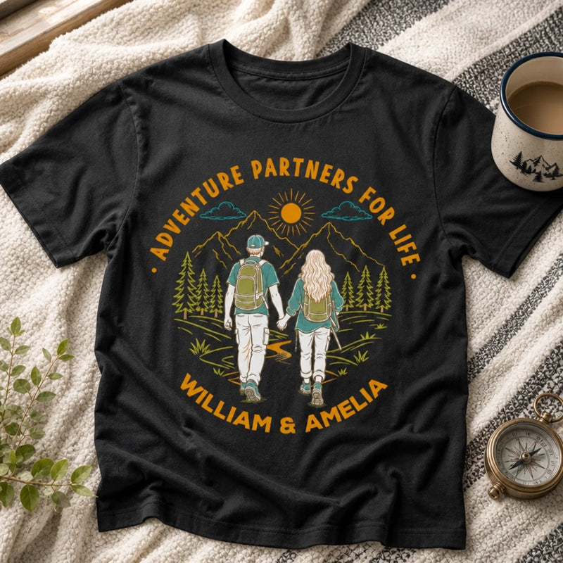 Custom Hiking T-shirt, Premium T-shirt, Hoodie - Personalized Birthday Camping Gifts For Campers, Husband And Wife, Him And Her - Adventure Partners For Life