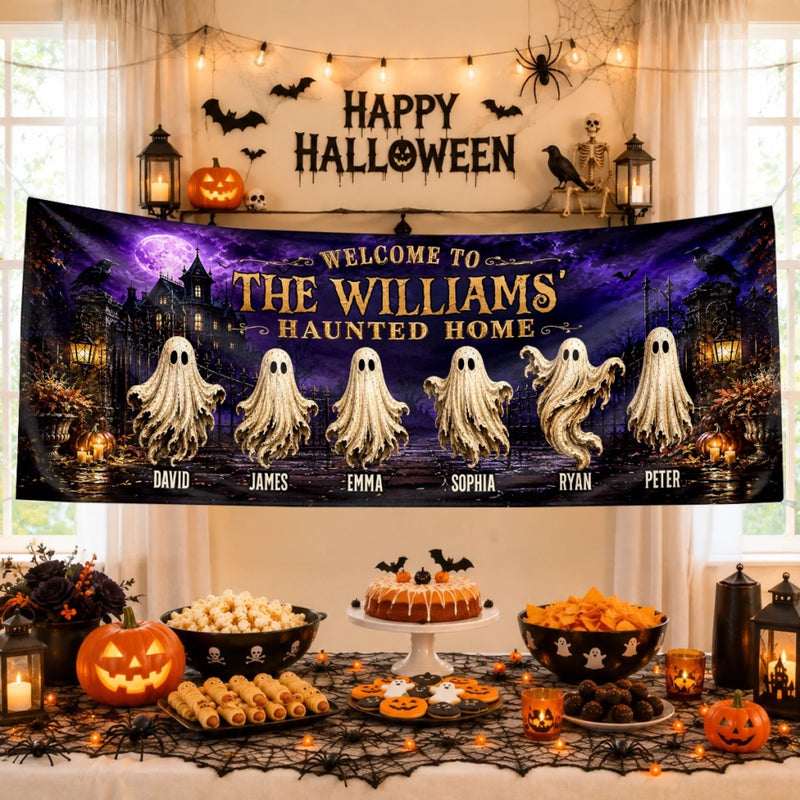 Custom Haunted Home Outdoor Banner - Personalized Halloween Decor Gifts For For Mom, Dad, Brother, Sister - Beware Of Our House