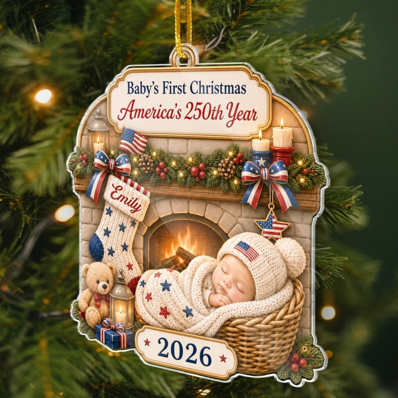 Custom First Christmas Acrylic Ornament - Personalized America 250th Anniversary Christmas Gifts For New Moms, New Dads, New Parents - Tiny Star Big History