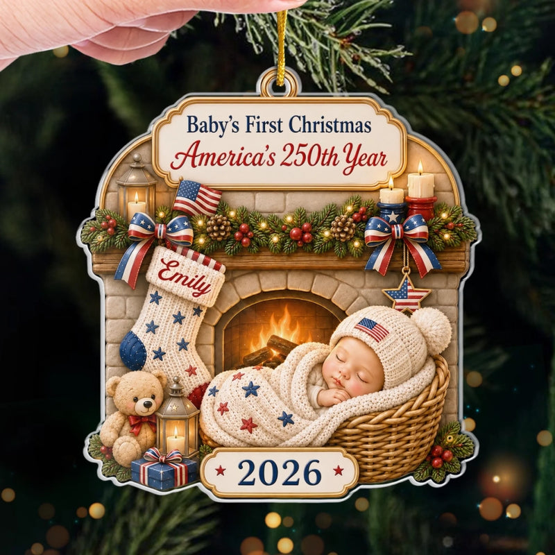 Custom First Christmas Acrylic Ornament - Personalized America 250th Anniversary Christmas Gifts For New Moms, New Dads, New Parents - Tiny Star Big History