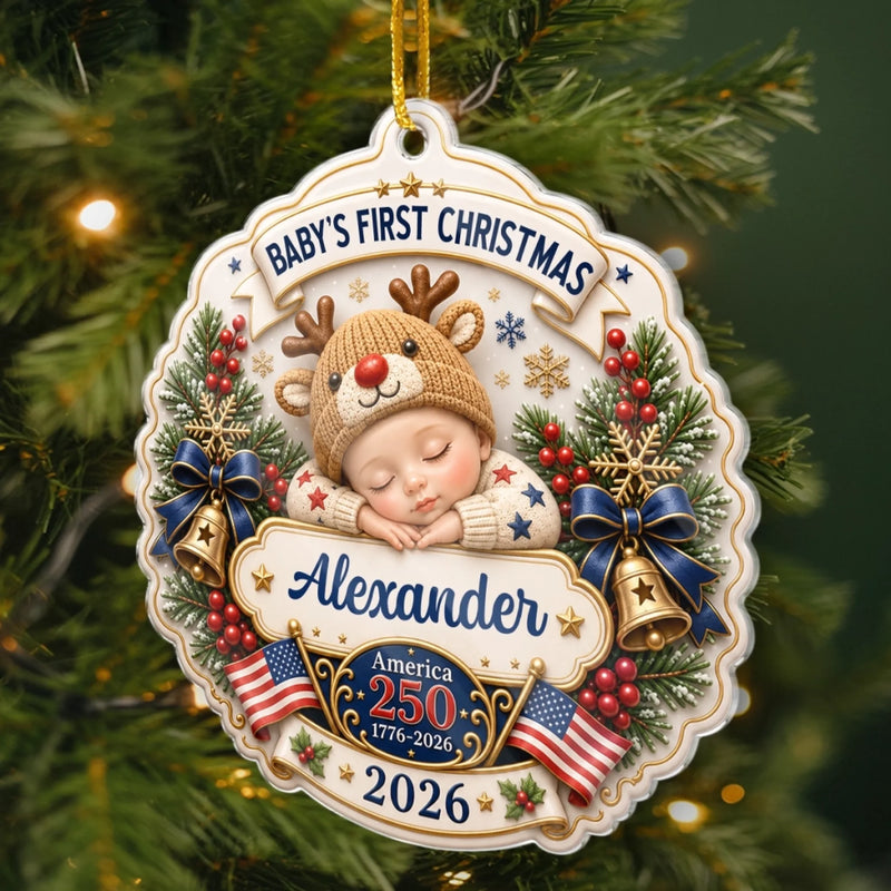 Custom First Christmas Acrylic Ornament - Personalized America 250th Anniversary Christmas Gifts For New Moms, New Dads, New Parents - Our Newest Little Patriot