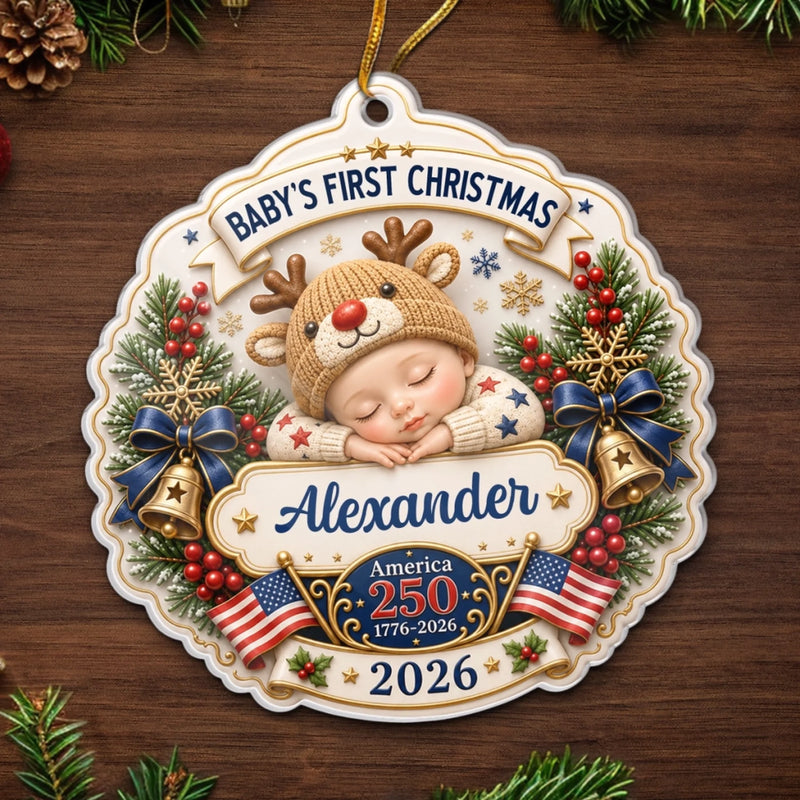 Custom First Christmas Acrylic Ornament - Personalized America 250th Anniversary Christmas Gifts For New Moms, New Dads, New Parents - Our Newest Little Patriot