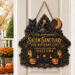 Custom Wood Sign -  Personalized Halloween Decor Birthday Gifts For Mom, Dad, Brother, Sister - Spooky Cats Welcome Here