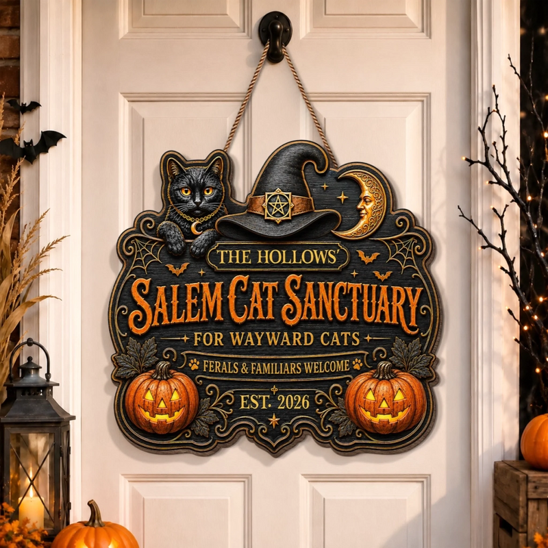 Custom Wood Sign -  Personalized Halloween Decor Birthday Gifts For Mom, Dad, Brother, Sister, Kids - Salem Cat Sanctuary Vibes