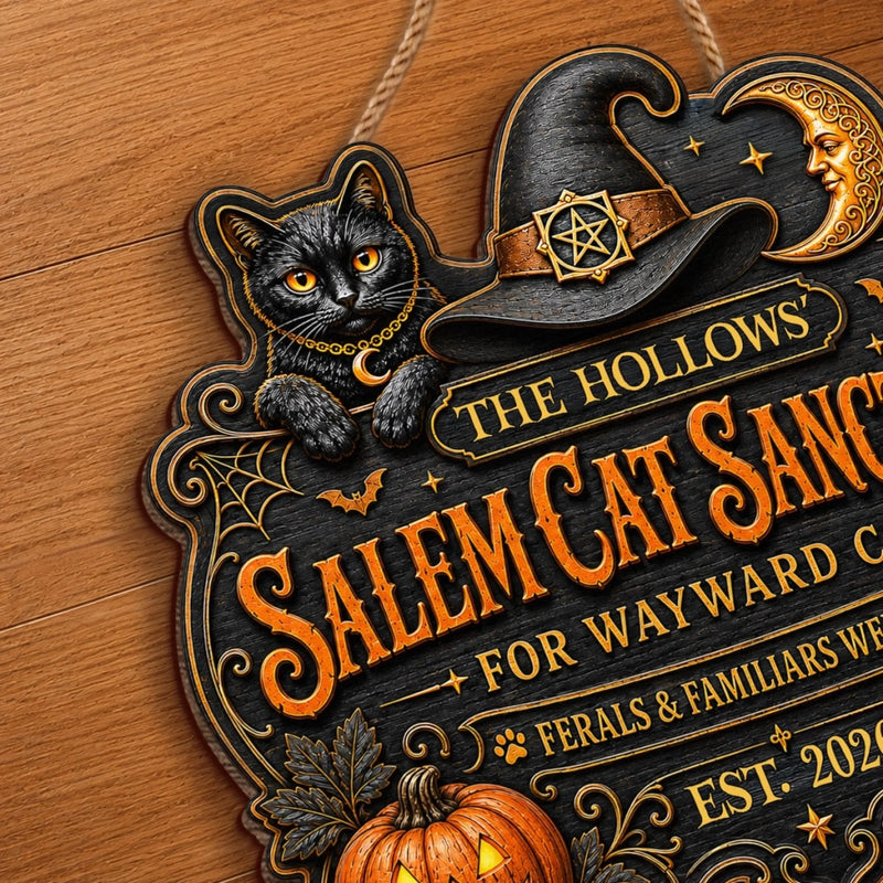 Custom Wood Sign -  Personalized Halloween Decor Birthday Gifts For Mom, Dad, Brother, Sister, Kids - Salem Cat Sanctuary Vibes