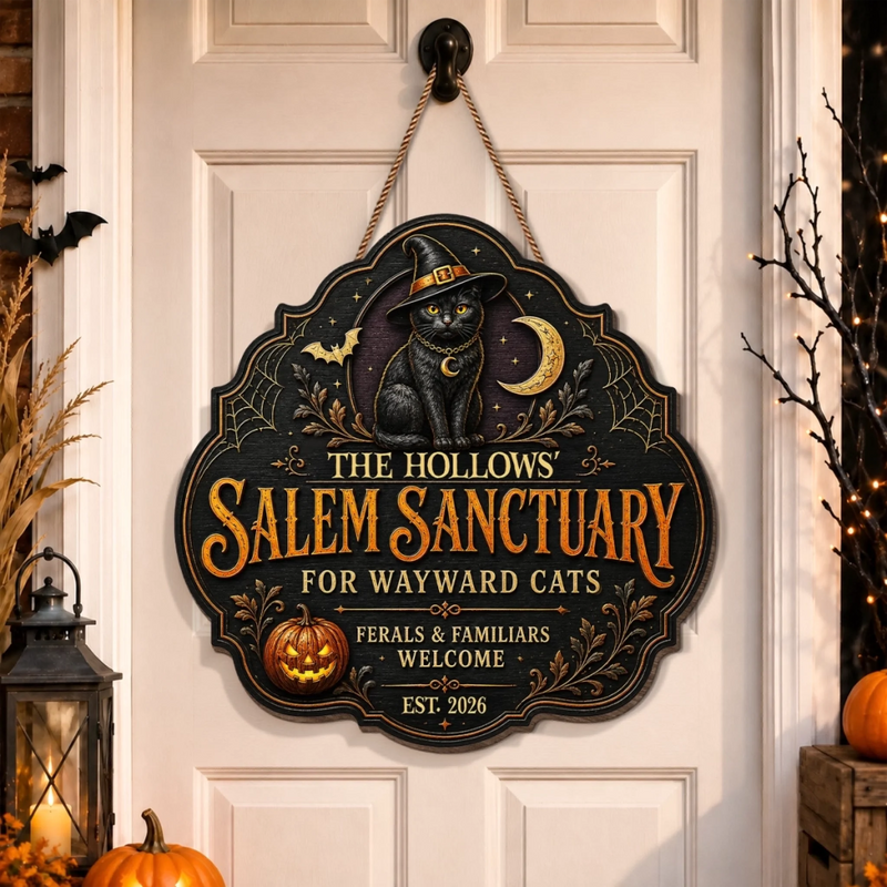 Custom Wood Sign -  Personalized Halloween Decor Birthday Gifts For Mom, Dad, Brother, Sister, Kids - Spooky Season Feline Love