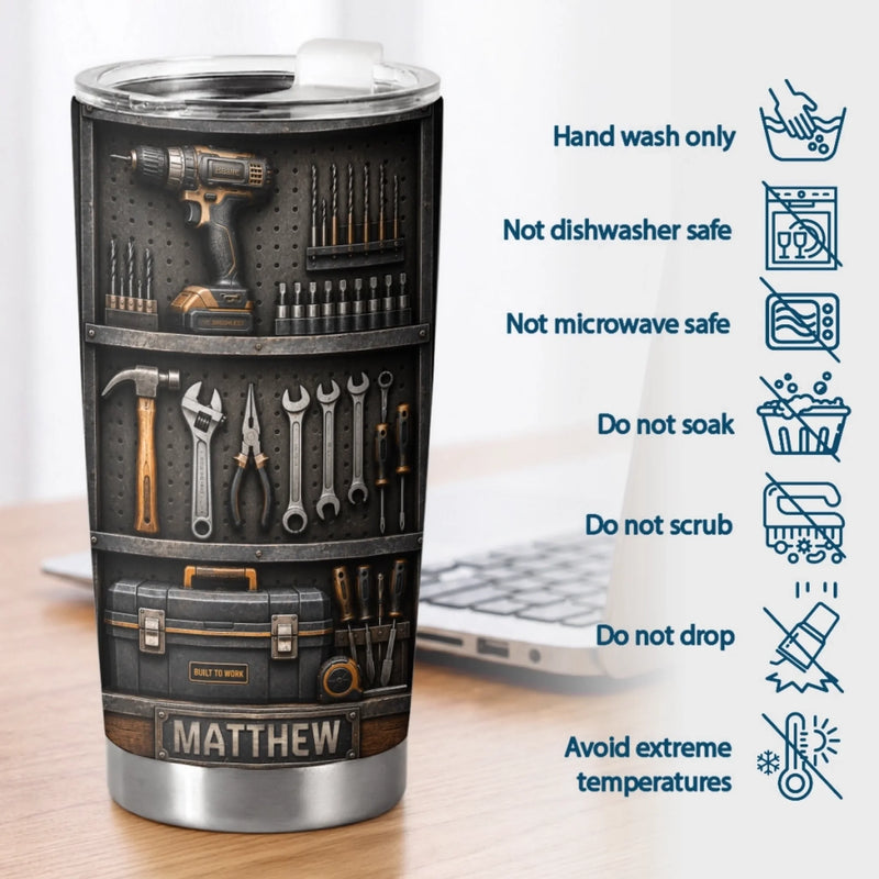 Custom Handyman Tumbler - Personalized Birthday Gifts For Husband, Son, Grandson, Brother, Grandpa, Dad, Yourself - Hard Work Never Stops