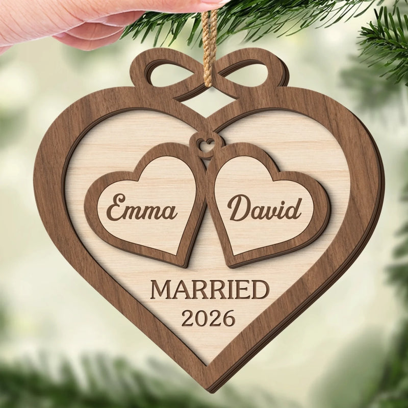 Custom First Christmas Double Layer Wooden Ornament - Personalized Anniversary Christmas Wedding Gifts For Husband And Wife, Him And Her - Forever Linked In Hearts