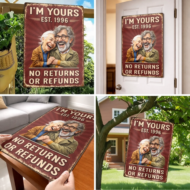 Custom Photo Funny Caricature Home Decor Metal Sign - Personalized Anniversary Wedding Gifts For Husband And Wife, Him And Her - Stuck With Me Forever