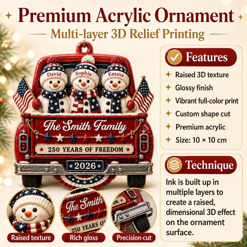 Custom Snowman Premium 3D Ornament - Personalized America 250th Anniversary Christmas Gifts For Mom, Dad, Brother, Sister - Celebrating Home And Holiday