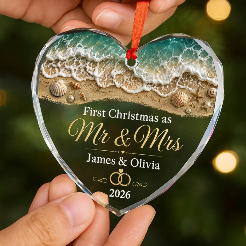 Custom First Christmas Heart Glass Ornament - Personalized Anniversary Christmas Wedding Gifts For Husband And Wife, Him And Her - Cheers To Ocean Love