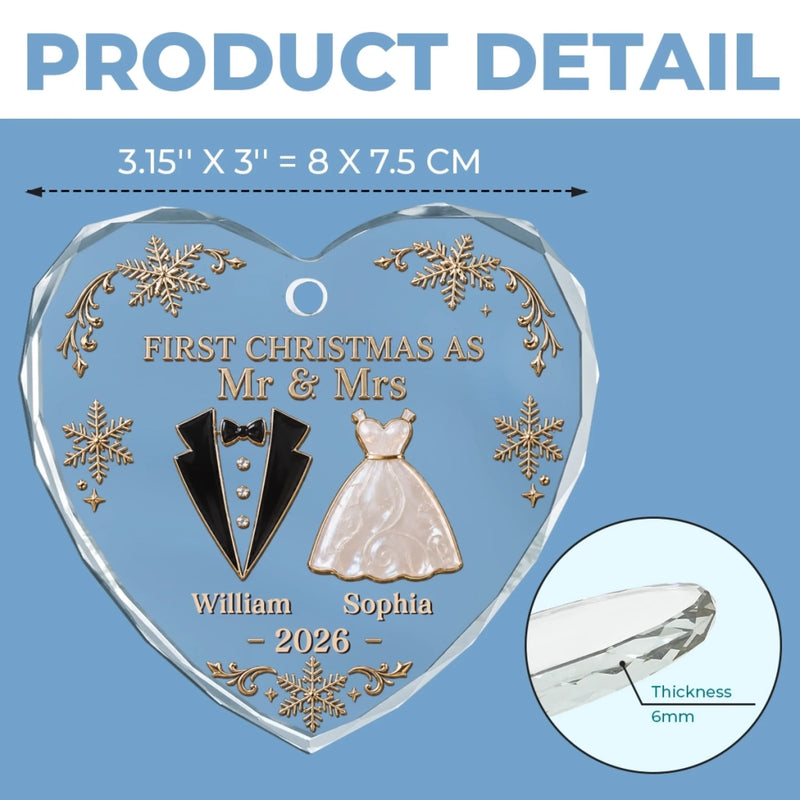 Custom First Christmas Heart Glass Ornament - Personalized Anniversary Christmas Wedding Gifts For Husband And Wife, Him And Her - Our Winter Wedding Story
