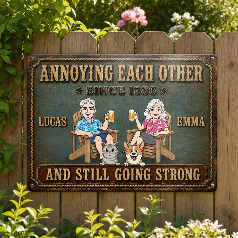 Custom Home Decor Metal Sign - Personalized  Anniversary Wedding Gifts For Husband And Wife, Dog Cat Lovers - Playful Love, Forever Bound
