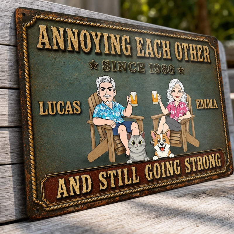 Custom Home Decor Metal Sign - Personalized  Anniversary Wedding Gifts For Husband And Wife, Dog Cat Lovers - Playful Love, Forever Bound