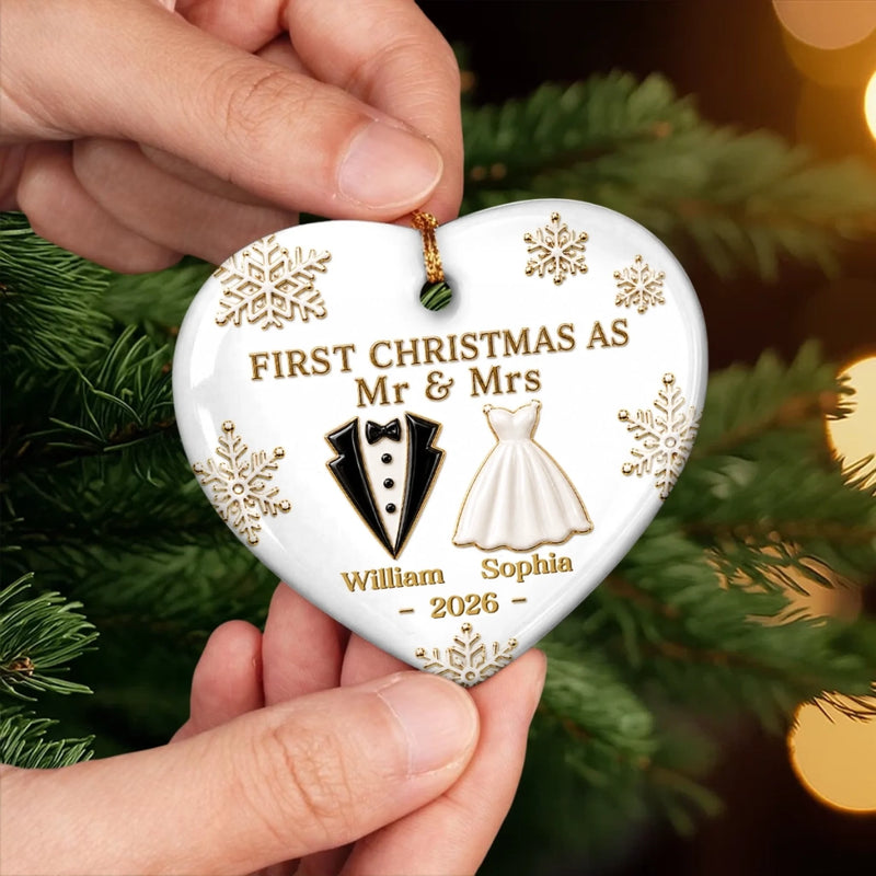 Custom First Christmas Ceramic Ornament - Personalized Anniversary Christmas Wedding Gifts For Husband And Wife, Him And Her - Married And Merry Together Always