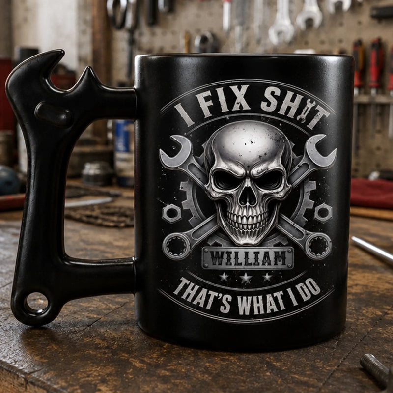 Custom Coffee Mug With Wrench Handle - Personalized Birthday Gifts For Husband, Son, Grandson, Brother, Grandpa, Dad, Yourself - If It's Broken I Fix It