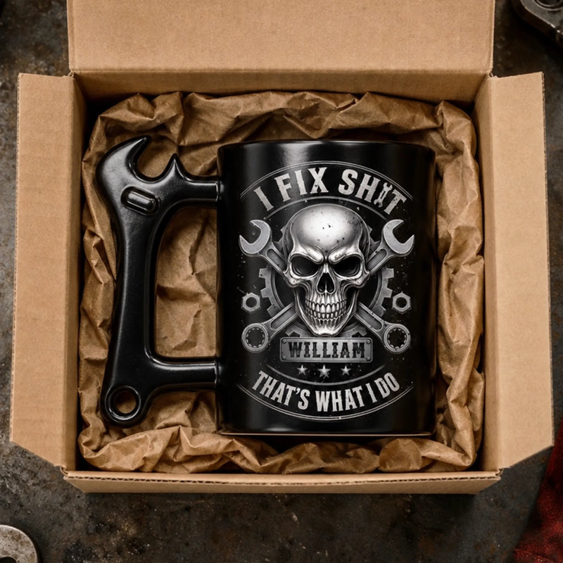 Custom Coffee Mug With Wrench Handle - Personalized Birthday Gifts For Husband, Son, Grandson, Brother, Grandpa, Dad, Yourself - If It's Broken I Fix It