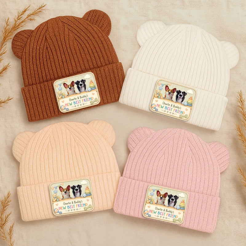 Custom Baby Beanie And Mittens Set - Personalized Baby Shower, Gender Reveal Gifts For New Moms, New Dads, New Parents, Dog Cat Lovers - Growing Up With My First Friend