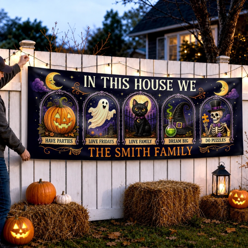 Custom Banner - Personalized Halloween Decor Gifts For For Mom, Dad, Brother, Sister - In This Spooky Home We Love
