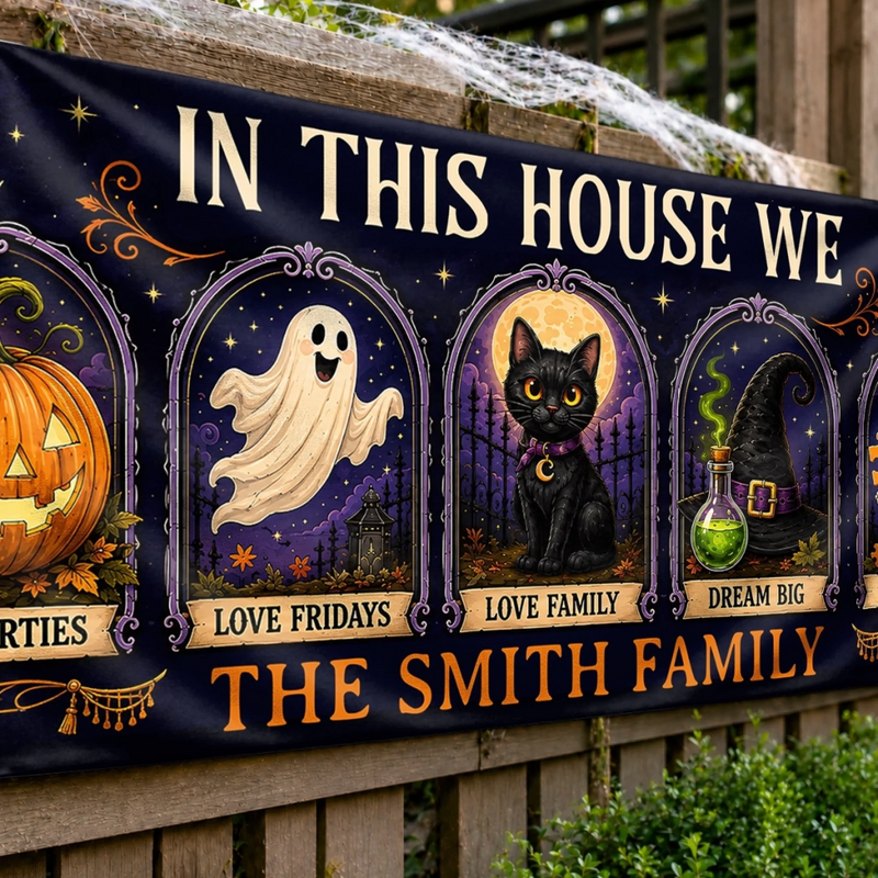 Custom Banner - Personalized Halloween Decor Gifts For For Mom, Dad, Brother, Sister - In This Spooky Home We Love