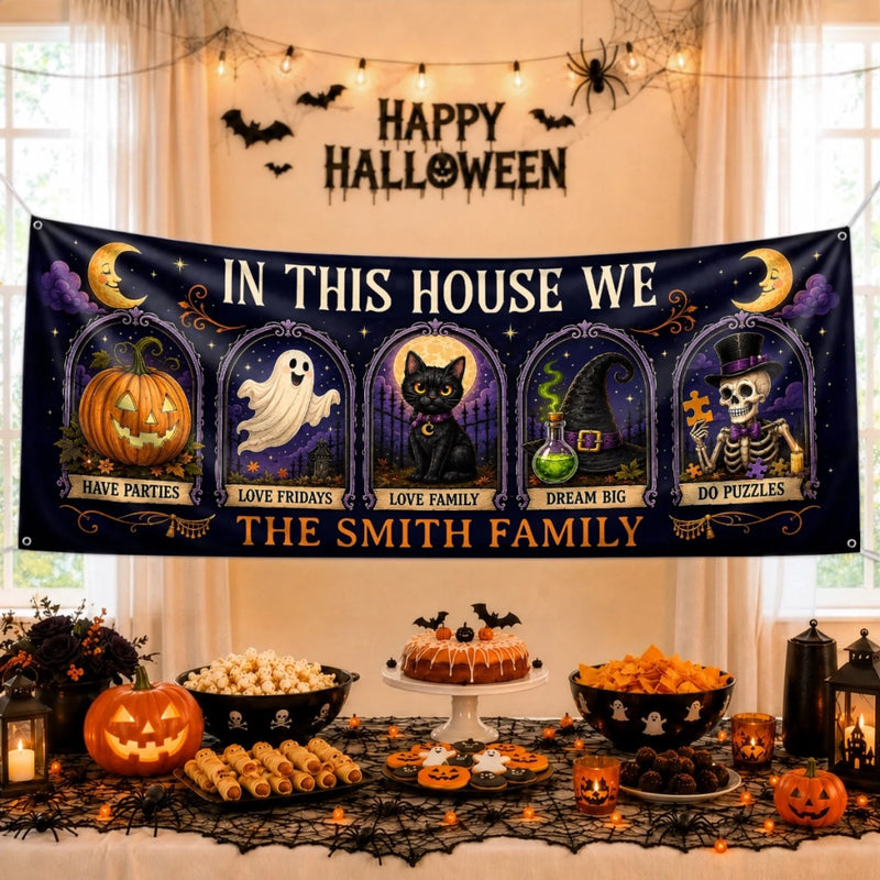 Custom Banner - Personalized Halloween Decor Gifts For For Mom, Dad, Brother, Sister - In This Spooky Home We Love