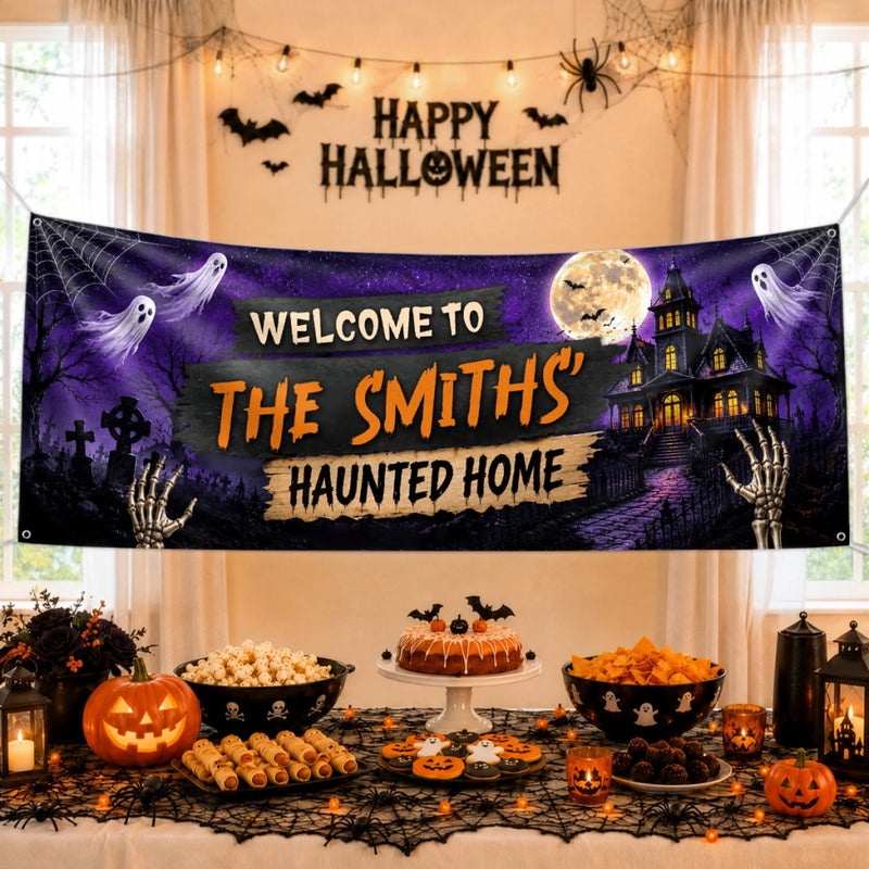 Custom Haunted Home Banner - Personalized Halloween Decor Gifts For For Mom, Dad, Brother, Sister - Ghosts And Spirits Welcome Here