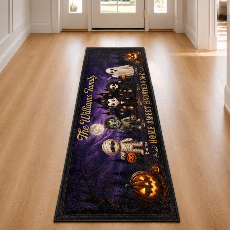 Custom Haunted Home Runner Rug - Personalized Halloween Decor Gifts For Mom, Dad, Brother, Sister - Our Spooky Family Resides Here