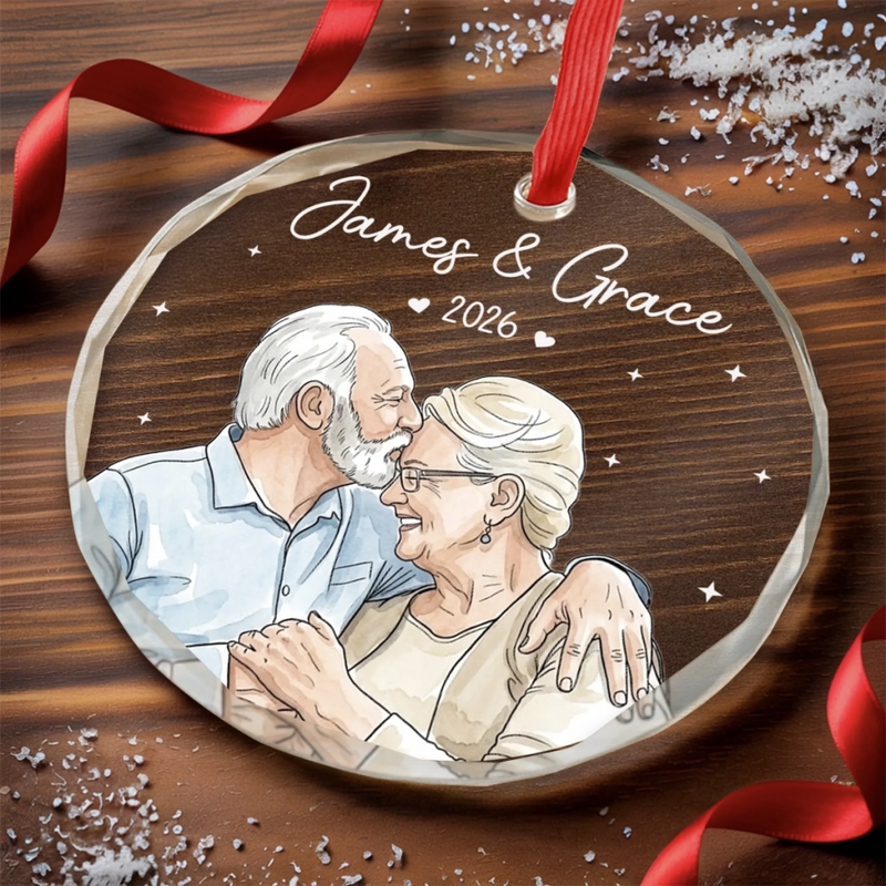 Custom Photo Heart, Round Glass Ornament - Personalized Anniversary Christmas Wedding Gifts For Husband And Wife, Him And Her - Together Feels Like Home