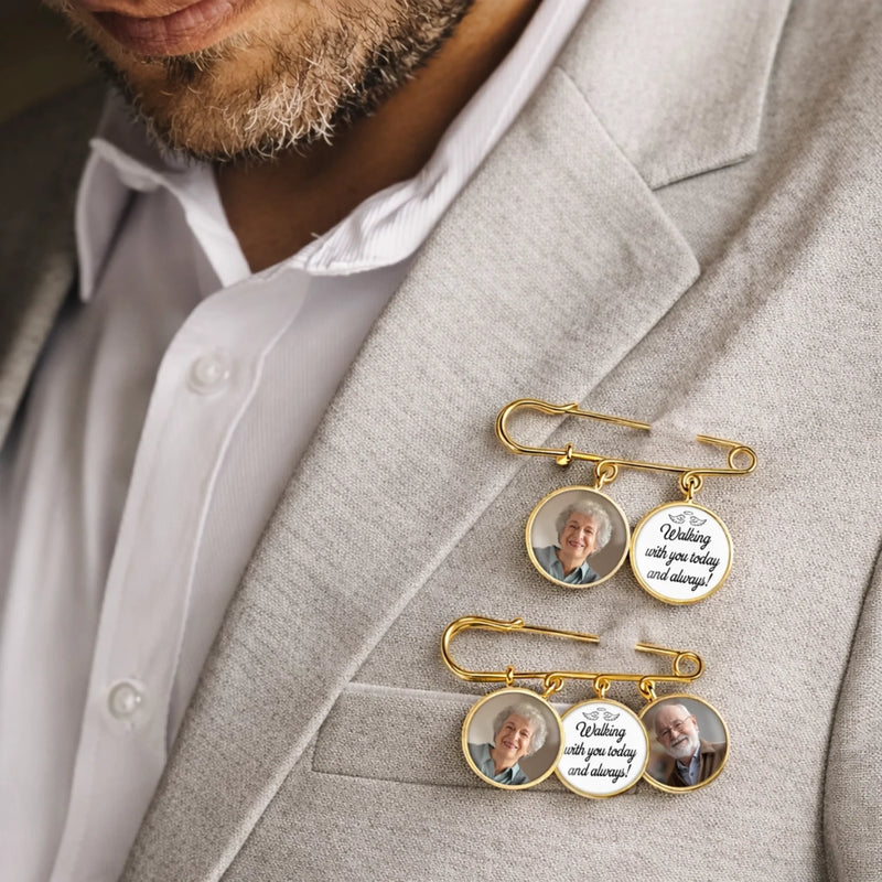 Custom Lapel Pin With Photo Charms - Personalized Memorial Sympathy Gifts For Brides - Always Walking By Your Side