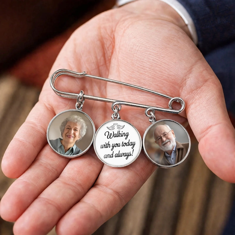 Custom Lapel Pin With Photo Charms - Personalized Memorial Sympathy Gifts For Brides - Always Walking By Your Side