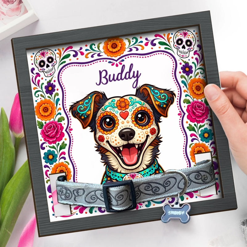Custom Photo Day Of The Dead Pet Loss Sign, Collar Frame - Personalized Pet Memorial Sympathy Gifts For Dogs, Cats - Love Remains In Every Pawprint