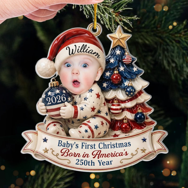 Custom Photo First Christmas Acrylic Ornament - Personalized America 250th Anniversary Christmas Gifts For New Moms, New Dads, New Parents - Our Bright Little Patriotic Star