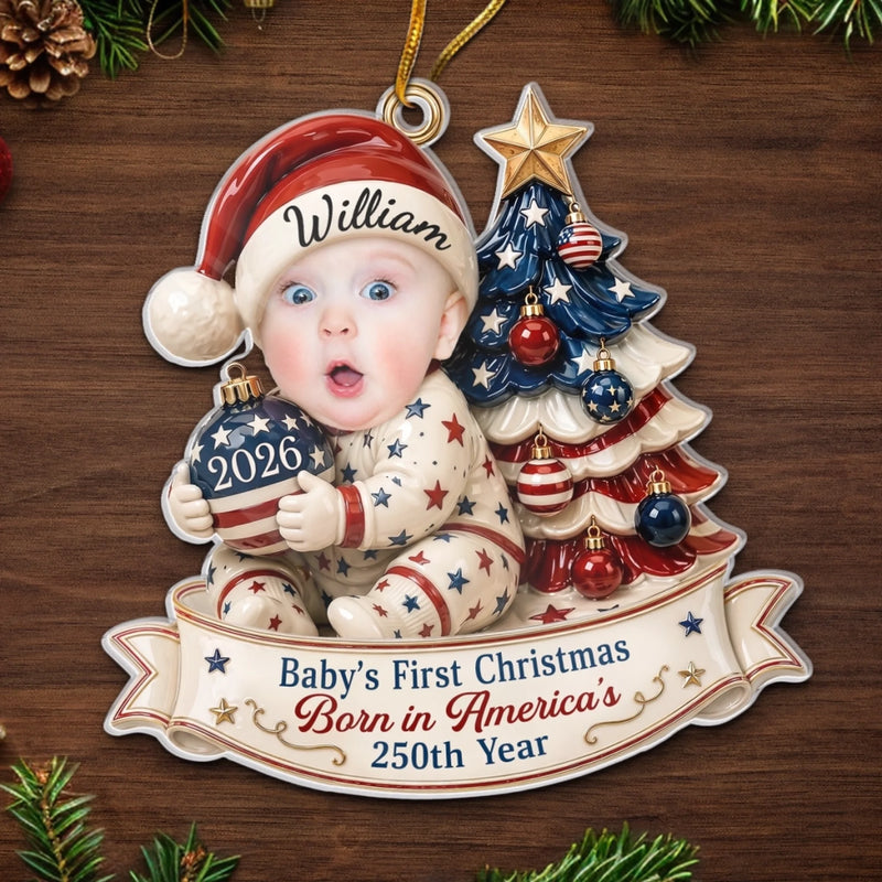 Custom Photo First Christmas Acrylic Ornament - Personalized America 250th Anniversary Christmas Gifts For New Moms, New Dads, New Parents - Our Bright Little Patriotic Star