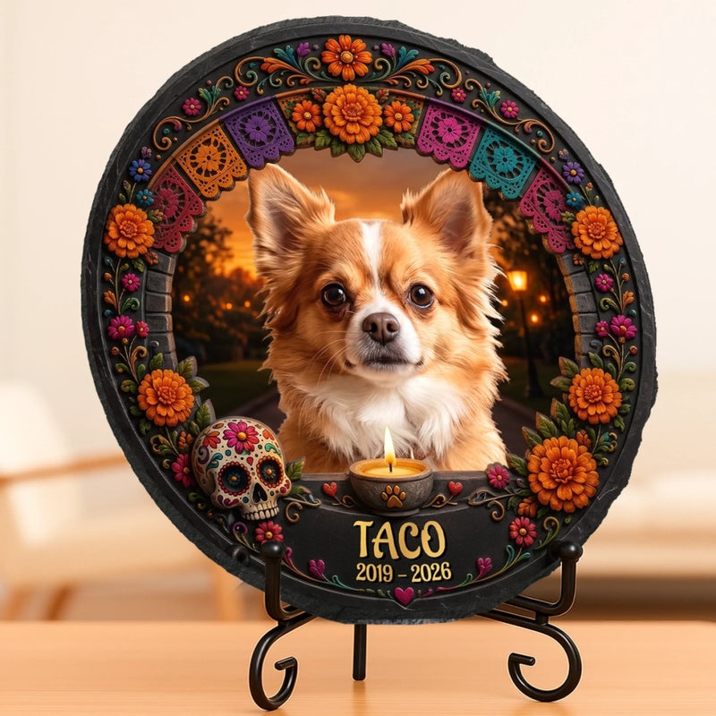 Custom Photo Day Of The Dead Round Shaped Stone With Stand - Personalized Pet Memorial Sympathy Gifts For Dogs, Cats - Your Memory Stays Close
