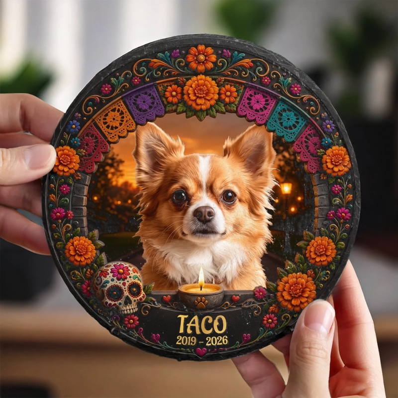 Custom Photo Day Of The Dead Round Shaped Stone With Stand - Personalized Pet Memorial Sympathy Gifts For Dogs, Cats - Your Memory Stays Close