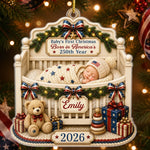 Custom First Christmas Acrylic Ornament - Personalized America 250th Anniversary Christmas Gifts For New Moms, New Dads, Baby - Wrapped In Love And Freedom