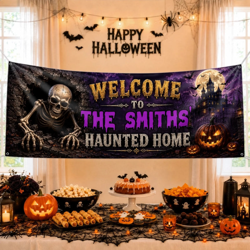 Custom Haunted Home Banner - Personalized Halloween Decor Gifts For Mom, Dad, Brother, Sister - Our Family Is Spooktacular