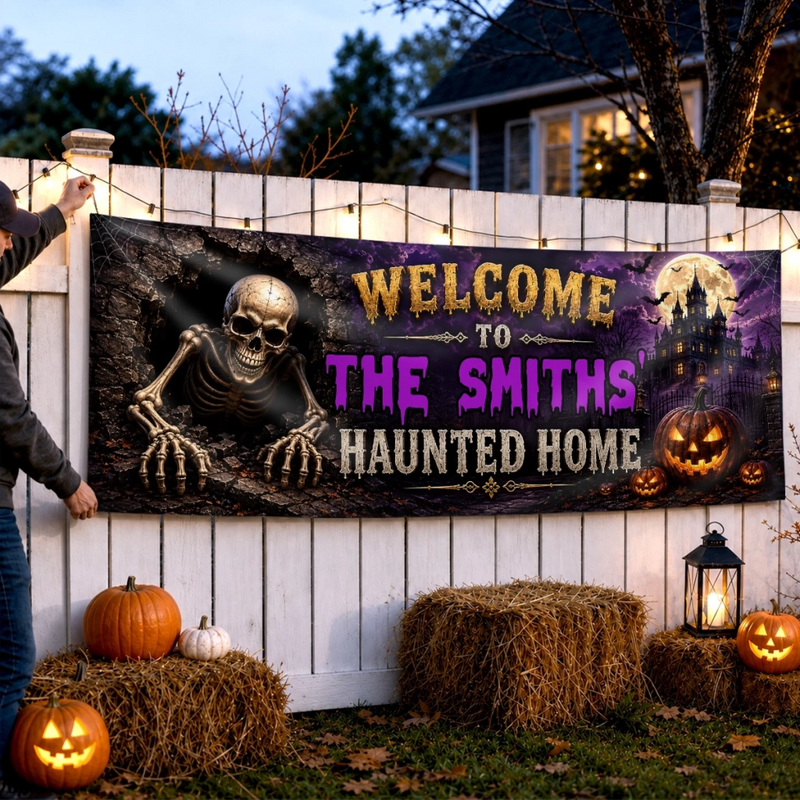 Custom Haunted Home Banner - Personalized Halloween Decor Gifts For Mom, Dad, Brother, Sister - Our Family Is Spooktacular