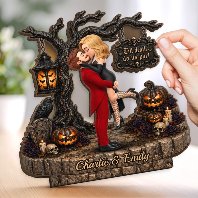 Custom 2-Layered Wooden Plaque - Personalized Halloween Decor, Anniversary Wedding Gifts For Husband And Wife, Him And Her - Till Death Do Us Part